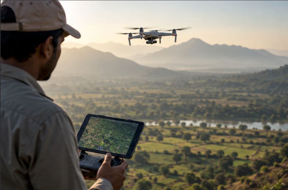 A man flying a survey drone over farmland with a tablet showing mapped plots