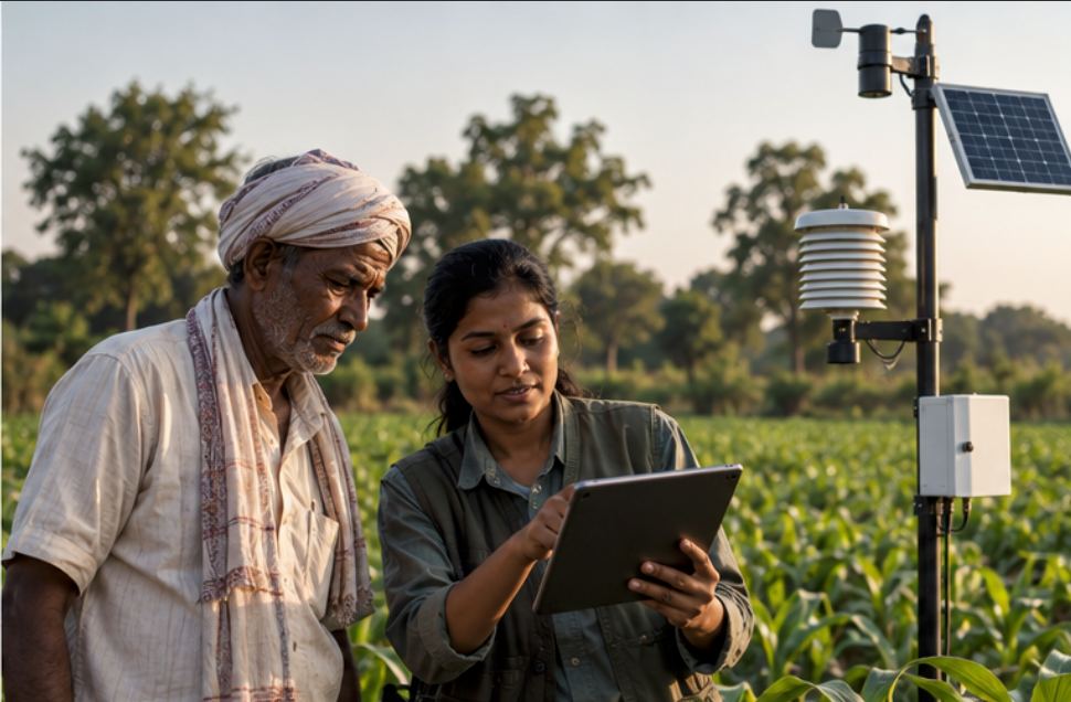 A field officer showing a tablet to a farmer beside a solar weather station