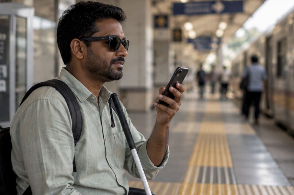 A blind man with a white cane using his phone on a railway platform