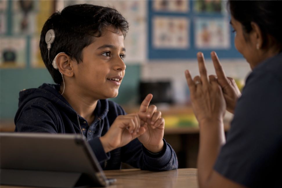 A boy with a hearing aid signing with an adult at a school table