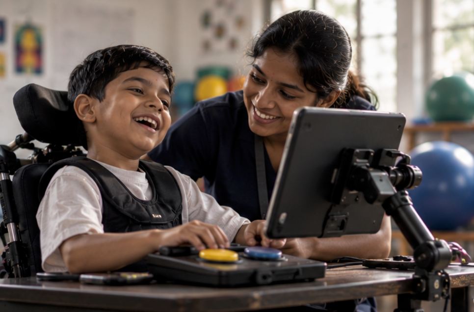 A boy using a switch-controlled tablet with a therapist beside him