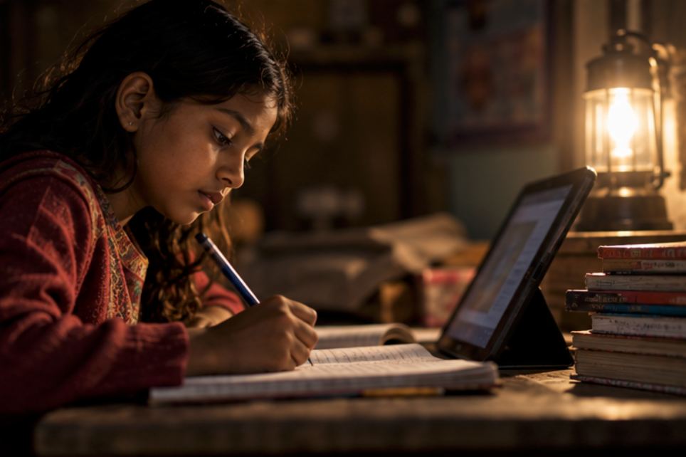 A girl studying by lantern light with a tablet beside her notebook