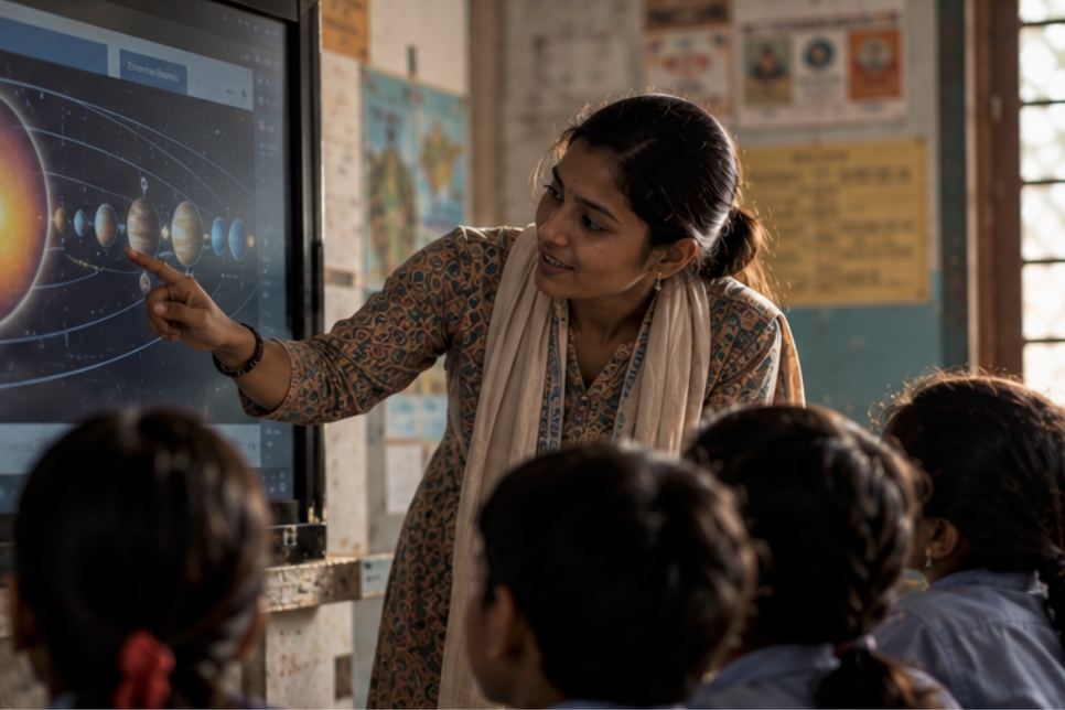 A teacher pointing at a solar system diagram on a smartboard in a village classroom