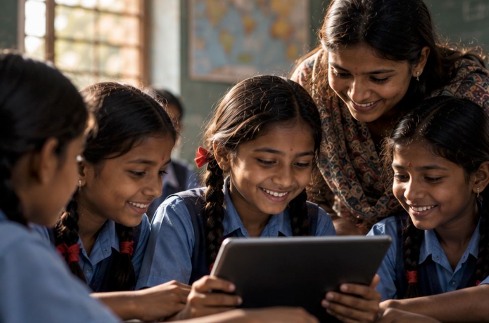 Schoolchildren and their teacher working together on a tablet