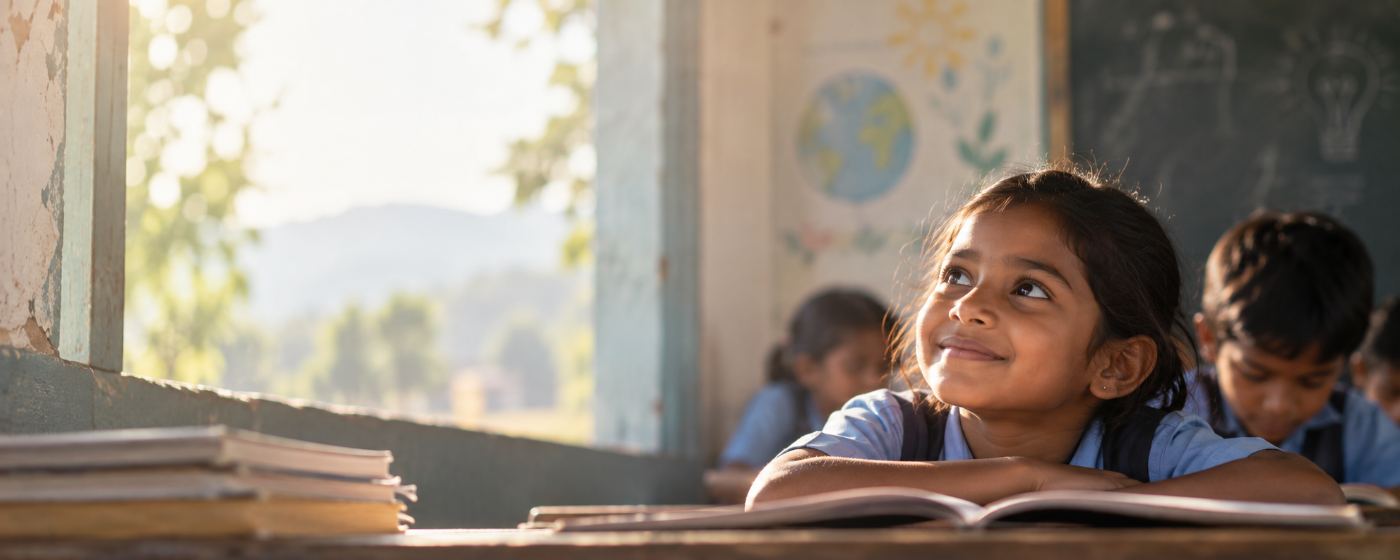 A girl studying by a classroom window