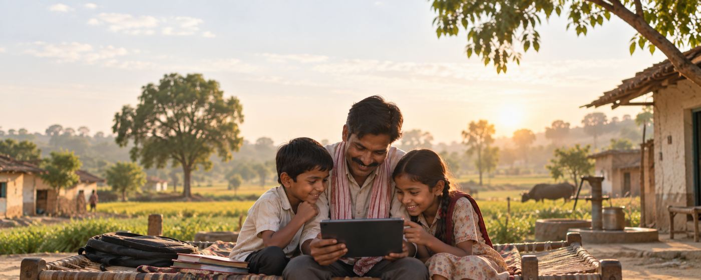 A family sitting together on a charpai looking at a tablet