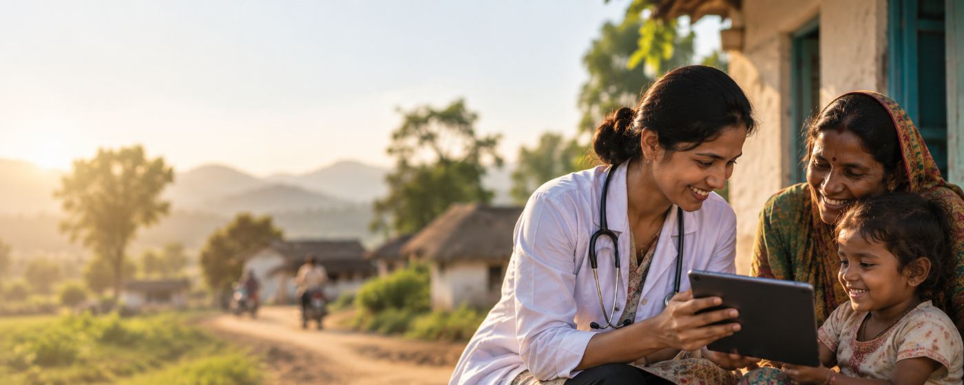 A doctor showing a tablet to a mother and her daughter outside their village home at sunrise