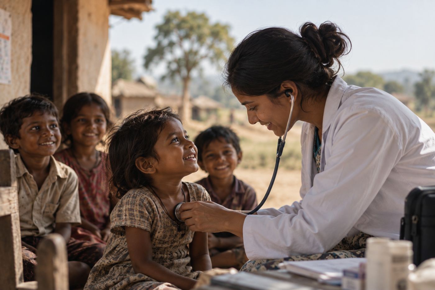 A doctor listening to a child's chest outside a village home while other children watch