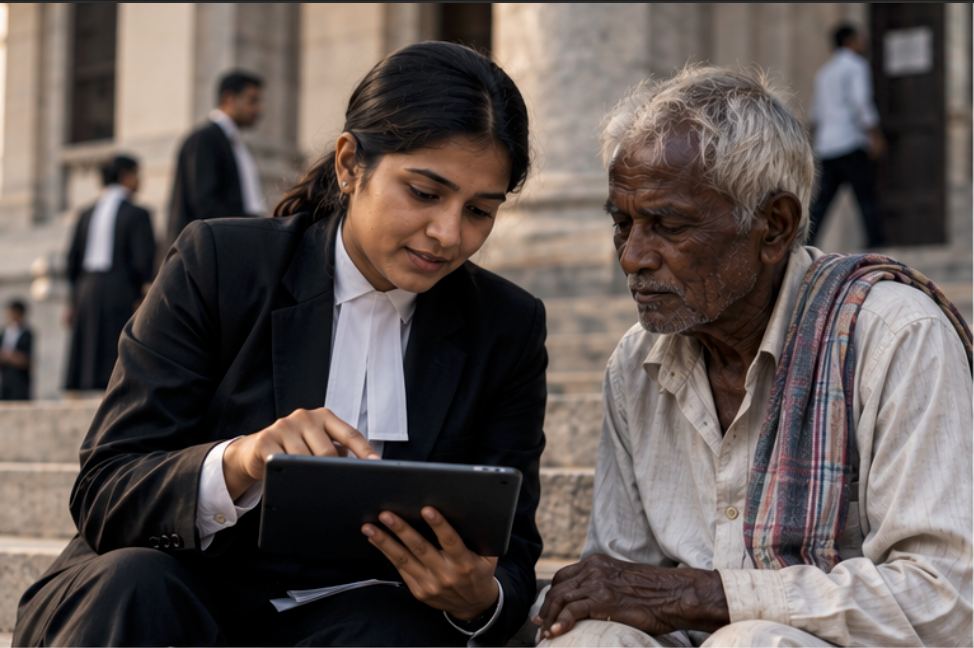 A young lawyer explaining a document on a tablet to an elderly man