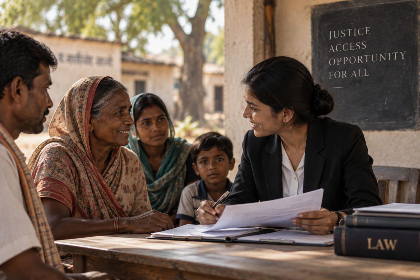 A legal-aid lawyer taking notes with a rural family beside a board reading Justice, Access, Opportunity For All