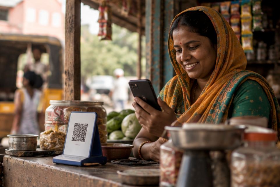 A woman at her market stall taking a payment by phone, with a QR code on the counter