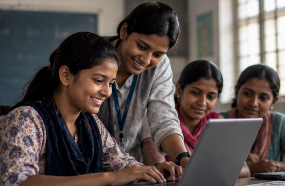 A trainer working with young women at laptops