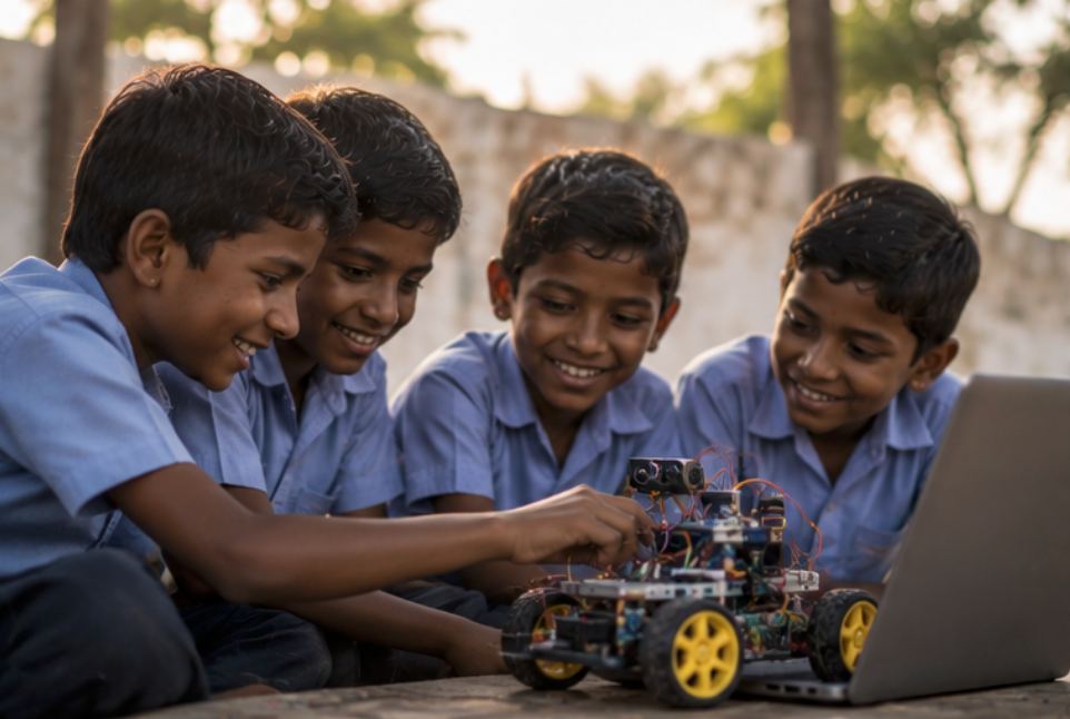 Four schoolboys building a robot car beside a laptop